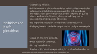 Inhibidores de
la alfa-
glicosidasa
 Acarbosa y miglitol.
 Inhiben enzimas glicosidasas de las vellosidades intestinales,
retardando así el desdoblamiento de los polisacárdios a
monosacáridos como la glucosa, que es la forma en que se
absorben los carbohidratos, de este modo hay menos
glucosa disponible para su absorción.
 No impide la absorción sino la formación de glucosa.
 En hipoglicemia puede darse glucosa vía oral para corregirla.
 Actúa en intestino delgado.
 Poca absorción sistémica.
 No hay metabolismo.
 Lo absorbido se elimina por orina, lo no absorbido en heces.
Tomado del libro: Principios de farmacología en terapéutica, 6ª edición, Editorial médica Celsus.
 