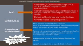 RAMS
Sulfonilureas
Precauciones y
contraindicaciones
Hipoglicemia, GI, hipersensibilidad tipo rash o
urticaria, discrasias sanguíneas como
agranulocitosis.
Hiponatremia secundaria en pacientes geriátricos o
con falla cardiaca o cirrosis hepática o con uso de
tiazidas.
Glipizida y glibenclamida leve efecto diurético.
Aumento de peso en algunos pacientes.
NO en embarazo, ellas deben tratarse con insulina.
NO en situaciones de estrés como cirugías, traumatismos o infecciones
severas, o en urgencia (acidosis, estado hiperosmolar).
Pacientes más susceptibles a hipoglicemia y complicaciones: > 65 años,
alteración función renal o hepática, malnutrición y que reciban
medicamentos que interactúen con ellas.
Hipersensibilidad cruzada con otros sulfonamídicos como sulfas y
tiazidas.
15 a 20 % de estos pacientes no responderán a la medicación.
¡Uso con warfarina puede
aumentar efecto
anticoagulante!
Tomado del libro: Principios de farmacología en terapéutica, 6ª edición, Editorial médica Celsus.
 