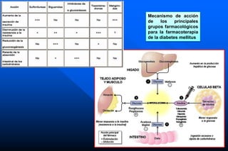 Mecanismo de acción
de los principales
grupos farmacológicos
para la farmacoterapia
de la diabetes mellitus
 