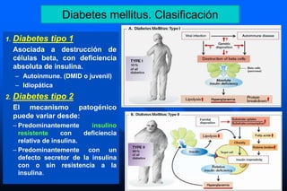 Diabetes mellitus. Clasificación
1. Diabetes tipo 1
Asociada a destrucción de
células beta, con deficiencia
absoluta de insulina.
– Autoinmune. (DMID o juvenil)
– Idiopática
2. Diabetes tipo 2
El mecanismo patogénico
puede variar desde:
– Predominantemente insulino
resistente con deficiencia
relativa de insulina.
– Predominantemente con un
defecto secretor de la insulina
con o sin resistencia a la
insulina.
 
