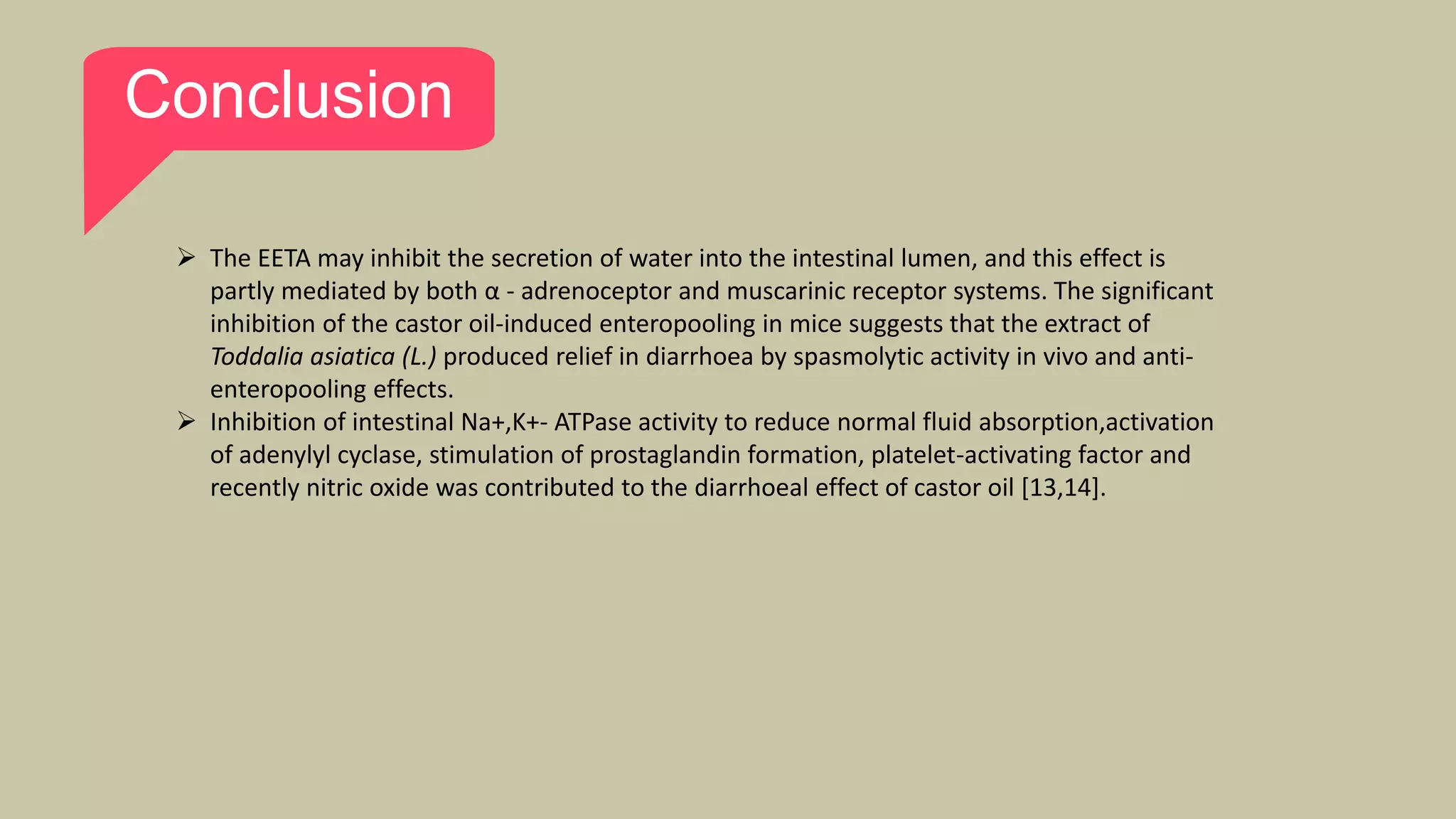 A Pharmacological Journal Presentation on Anti-diarrheal activity of Toddalia Asiatica in castor oil induced diarrhea in rats