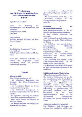 Vereinbarung                        -      verschiedene       Lebensentwürfe
zur Förderung der Gleichstellung             gleichmäßig und gerecht ermöglichen und
                                             fördern,
   der ArbeitnehmerInnen im
                                             - die EU-Richtlinien gemäß Art. 13 des
            Betrieb                          Amsterdamer      Vertrages    und    des
                                             Bundesgleichbehandlungsgesetzes
abgeschlossen zwischen:                      umsetzen.
Verein     zur       Förderung  des          Grundlage                in             der
Zusammenlebens von Minderheiten und          Organisationsentwicklung
Mehrheiten                                   Diese Betriebsvereinbarung ist Teil der
Gumpendorferstr. 15/13                       betrieblichen Organisationsentwicklung.
1060 Wien                                    Zu ihrer weiteren Umsetzung sind
                                             notwendig:
vertreten durch:                             - eine Strukturanalyse der Organisation zur
Vladimir Wakounig (Obmann) und Peter         Feststellung der realen Machtverhältnisse
Grusch (Kassier)                             im Betrieb,
                                             - die Schaffung eines gewaltenteiligen
und                                          Instanzengefüges,              (Betriebsrat,
                                             Geschäftsführung,                Vorstand,
dem Betriebsrat des genannten Vereins,       Generalversammlung,
vertreten durch:                             Gleichstellungsbeauftragte      bzw.       -
Araba Evelyn Johnston Arthur und Hakan       kommission),      das    Diskriminierungen
Gürses                                       hintanhalten bzw. notfalls effektiv
                                             sanktionieren kann,
((Falls kein Betriebsrat vorhanden ist,      - die Festlegung von equality targets
können      die    Regelungen    dieser      (Gleichstellungszielsetzungen) für den
Vereinbarung    Inhalt   der einzelnen       Betrieb für das kommende Jahr,
Dienstverträge werden.))                     - die Festlegung eines Wahlverfahrens für
                                             die Gleichstellungsbeauftragten durch den
                                             Betriebsrat.
               Präambel                      Leitbild der Initiative Minderheiten
                                             - Minderheitengerechte Gesellschaft
Allgemeine Ziele                             Die Initiative Minderheiten tritt ein für
Diese Betriebsvereinbarung soll              eine minderheitengerechte Gesellschaft, in
- ein öffentliches Bekenntnis zum            der      individuelle      Lebensentwürfe
Grundsatz der Nicht-Diskriminierung          unabhängig      von     Merkmalen     wie
darstellen,                                  ethnischer, sozialer oder religiöser
- ein wesentlicher Schritt zu dessen         Zugehörigkeit, sexueller Orientierung,
praktischer Umsetzung sein,                  Behinderung als gleichberechtigt und
- ein strukturelles Gegengewicht zu          gleichwertig    anerkannt    sind.   Eine
Diskriminierungsmechanismen im Betrieb       Gesellschaft       ist      nur      dann
schaffen,                                    minderheitengerecht, wenn sie die
- die angenehme Gestaltung des zentralen     verschiedenen              Lebensentwürfe
Lebensraums Arbeitswelt ermöglichen,         gleichmäßig und gerecht ermöglicht und
- Identifikation, Freude und Interesse an    fördert.
der Arbeit fördern,
- ein positives Betriebsklima und positive   - Definition des Begriffes Minderheit
Außenkontakte schaffen,                      Eine Minderheit sind Menschen, die
                                             aufgrund ihrer ethnischen, sozialen oder
 