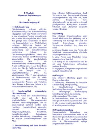 I. Abschnitt                        Eine effektive Schlechterstellung durch
       Allgemeine Bestimmungen                   Vorgesetzte bzw. Arbeitgebende (formale
                                                 Machtasymmetrie) liegt dann vor, wenn
                   §1                            einzelne         Untergebene       bzw.
         Diskriminierungsbegriff                 Arbeitnehmende im Vergleich zu formell
                                                 gleichgestellten KollegInnen schlechter
(1) Diskriminierung                              behandelt oder Übergriffen ausgesetzt
Diskriminierung       bedeutet      effektive    werden (Bossing).
Schlechterstellung. Eine Schlechterstellung
ist gegeben, wenn eine Person oder Gruppe        (4) Mobbing
in eine schlechtere Position gebracht wird,      Eine effektive Schlechterstellung unter
oder in einer solchen gehalten wird. Damit       formell Gleichgestellten (Mobbing, oft in
dies gelingt, muss Effektivität im Sinne         Verbindung mit Bossing) oder auch von
von Dauerhaftigkeit bzw. Wiederholtheit          formell       Untergebenen      gegenüber
vorliegen.    Effektivität    basiert     auf    Vorgesetzten (Staffing) liegt dann vor,
Machtasymmetrien, die eine dauerhafte            wenn
Durchsetzung      der    Schlechterstellung      a. sich eine Gruppe gegen eine Person oder
ermöglichen.           Anhand             der    Minderheit zusammenschließt (faktische
Durchsetzungsmöglichkeiten lassen sich           Machtasymmetrie) und
verschiedene Formen der Diskriminierung          b. diese Person oder Minderheit fortan
unterscheiden:      Die     gesellschaftlich     wiederholt bzw. dauerhaft
systematische       (Abs.        2)       die    c. in Bezug auf die Arbeitsinhalte und die
hierarchiebasierte Diskriminierung (Abs.         mit dem Arbeitsprozess verbundenen
3) und Mobbing (Abs. 4). Auf dieser Basis        sozialen Kontakte
erfolgt der Akt der Schlechterstellung in        d. ausgegrenzt, Übergriffen ausgesetzt und
Form      von     Übergriff    (Abs.       5),   ungleich behandelt wird.
Ungleichbehandlung          (Abs.          6),
Viktimisierung (Abs. 7) und Anweisung            (5) Übergriff
zur Diskriminierung (Abs. 8) sowie               Eine offensive Handlung gegen eine
mittelbar         durch         Aufstellung      Person, insbesondere
pseudoneutraler Normen und Verfahren             a. Belästigung, Verletzung der Integrität,
(Abs. 9) oder in Form des Haltens in der         Schikanierung, Drangsalierung,
schlechteren Position (Abs. 10).                 b.      Einschüchterung/        Bedrohung/
                                                 Anfeindung/ Beschimpfung/ Angriff,
(2)     Gesellschaftlich   systematische         c.       Beleidigung/        Entwürdigung/
Diskriminierung                                  Erniedrigung/ aktive Ausgrenzung,
liegt vor, wenn eine Schlechterstellung          d. Bevormundung/ Abwertung,
bewirkt      wird     auf   der    Basis         ist diskriminierend, wenn sie auf Basis
gesellschaftlicher      Machtasymmetrien         einer gesellschaftlich systematischen (Abs.
zwischen Bevölkerungsgruppen, die als            5) oder in einer bereichsspezifischen (Abs.
unterschiedlich definiert werden nach            4) Machtasymmetrie erfolgt.
Hautfarbe, (vermeintlicher) ethnischer
Herkunft,                    Nationalität,       (6) Ungleichbehandlung
Religionszugehörigkeit,       Geschlecht,        Unterschiedliche      Behandlung        von
Gesundheitszustand,         Behinderung,         Personen ist diskriminierend, wenn sie auf
sexueller Orientierung, Abweichung von           Basis einer gesellschaftlich systematischen
der strikten Geschlechterpolarität oder          (Abs. 3) oder einer bereichsspezifischen
Alter.                                           (Abs. 4) Machtasymmetrie erfolgt,
                                                 ausgenommen wenn diese
(3) Diskriminierung auf Basis formaler
Hierarchie
 