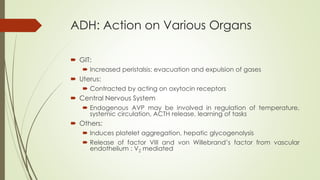 GIT:
 Increased peristalsis: evacuation and expulsion of gases
 Uterus:
 Contracted by acting on oxytocin receptors
 Central Nervous System
 Endogenous AVP may be involved in regulation of temperature,
systemic circulation, ACTH release, learning of tasks
 Others:
 Induces platelet aggregation, hepatic glycogenolysis
 Release of factor VIII and von Willebrand’s factor from vascular
endothelium : V2 mediated
ADH: Action on Various Organs
 
