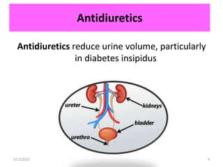 Antidiuretics
Antidiuretics reduce urine volume, particularly
in diabetes insipidus
5/12/2020 4
 