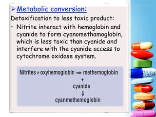 Metabolic conversion:
Detoxification to less toxic product:
• Nitrite interact with hemoglobin and
cyanide to form cyanomethamoglobin,
which is less toxic than cyanide and
interfere with the cyanide access to
cytochrome oxidase system.
 