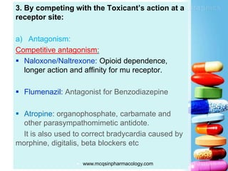 3. By competing with the Toxicant’s action at a
receptor site:
a) Antagonism:
Competitive antagonism:
 Naloxone/Naltrexone: Opioid dependence,
longer action and affinity for mu receptor.
 Flumenazil: Antagonist for Benzodiazepine
 Atropine: organophosphate, carbamate and
other parasympathomimetic antidote.
It is also used to correct bradycardia caused by
morphine, digitalis, beta blockers etc
 www.mcqsinpharmacology.com
 