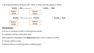 2. By reducing NaNO3 with lead at 450 - 5000C or better still with sulphur or NaOH.
NaNO3 + Pb --------------> NaNO2 + PbO
3NaNO3 + S ---------------> 3NaNO2 + Na2SO4 + H2O
PROPERTIES
It occurs as colourless crystals or white granular powder.
It is odourless and has a mild saline taste.
When exposed to atmosphere it is deliquescent and is slowly oxidized to NaNO3.
It is freely soluble in water.
It behaves both as an oxidizing and as a reducing agent.
Sodium
nitrate
Sodium
nitrate
Sodium
nitrate
Sodium
nitrate
 