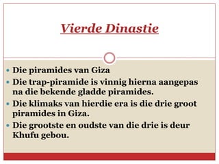 Vierde Dinastie


 Die piramides van Giza
 Die trap-piramide is vinnig hierna aangepas
  na die bekende gladde piramides.
 Die klimaks van hierdie era is die drie groot
  piramides in Giza.
 Die grootste en oudste van die drie is deur
  Khufu gebou.
 