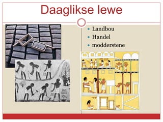 Daaglikse lewe
        Landbou
        Handel
        modderstene
 