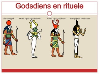 Godsdiens en rituele
Ra - Songod    Osiris –god van die dood   Horus –god van farao   Isis-god van towerkuns
 