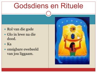 Godsdiens en Rituele


 Rol van die gode
 Glo in lewe na die
  dood.
 Ka
 onsigbare ewebeeld
  van jou liggaam.
 