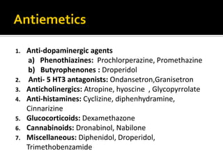 1. Anti-dopaminergic agents
a) Phenothiazines: Prochlorperazine, Promethazine
b) Butyrophenones : Droperidol
2. Anti- 5 HT3 antagonists: Ondansetron,Granisetron
3. Anticholinergics: Atropine, hyoscine , Glycopyrrolate
4. Anti-histamines: Cyclizine, diphenhydramine,
Cinnarizine
5. Glucocorticoids: Dexamethazone
6. Cannabinoids: Dronabinol, Nabilone
7. Miscellaneous: Diphenidol, Droperidol,
Trimethobenzamide
 