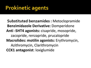 Substituted benzamides : Metoclopramide
Benzimidazole Derivative: Domperidone
Anti -5HT4 agonists: cisapride, mosopride,
zacopride, renzapride, prucalopride
Macrolides: motilin agonists: Erythromycin,
Azithromycin, Clarithromycin
CCK1 antagonist: loxiglumide
 