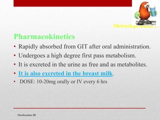 Manikandan 26
Metroclopramide…
Pharmacokinetics
• Rapidly absorbed from GIT after oral administration.
• Undergoes a high degree first pass metabolism.
• It is excreted in the urine as free and as metabolites.
• It is also excreted in the breast milk.
• DOSE: 10-20mg orally or IV every 6 hrs
 