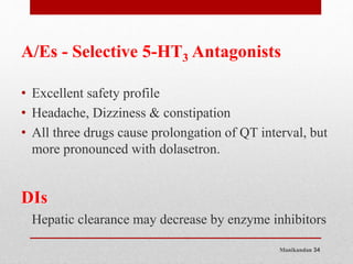Manikandan 34
A/Es - Selective 5-HT3 Antagonists
• Excellent safety profile
• Headache, Dizziness & constipation
• All three drugs cause prolongation of QT interval, but
more pronounced with dolasetron.
DIs
Hepatic clearance may decrease by enzyme inhibitors
 