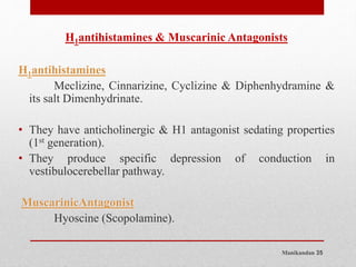 Manikandan 35
H1antihistamines & Muscarinic Antagonists
H1antihistamines
Meclizine, Cinnarizine, Cyclizine & Diphenhydramine &
its salt Dimenhydrinate.
• They have anticholinergic & H1 antagonist sedating properties
(1st generation).
• They produce specific depression of conduction in
vestibulocerebellar pathway.
MuscarinicAntagonist
Hyoscine (Scopolamine).
 