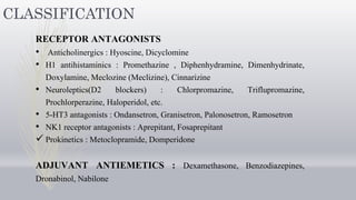 CLASSIFICATION
RECEPTOR ANTAGONISTS
• Anticholinergics : Hyoscine, Dicyclomine
• H1 antihistaminics : Promethazine , Diphenhydramine, Dimenhydrinate,
Doxylamine, Meclozine (Meclizine), Cinnarizine
• Neuroleptics(D2 blockers) : Chlorpromazine, Triflupromazine,
Prochlorperazine, Haloperidol, etc.
• 5-HT3 antagonists : Ondansetron, Granisetron, Palonosetron, Ramosetron
• NK1 receptor antagonists : Aprepitant, Fosaprepitant
 Prokinetics : Metoclopramide, Domperidone
ADJUVANT ANTIEMETICS : Dexamethasone, Benzodiazepines,
Dronabinol, Nabilone
 