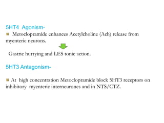 5HT4 Agonism-
Metoclopramide enhances Acetylcholine (Ach) release from
myenteric neurons.
Gastric hurrying and LES tonic action.
5HT3 Antagonism-
At high concentration Metoclopramide block 5HT3 receptors on
inhibitory myenteric interneurones and in NTS/CTZ.
 