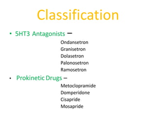 Classification
• 5HT3 Antagonists –
Ondansetron
Granisetron
Dolasetron
Palonosetron
Ramosetron
• Prokinetic Drugs –
Metoclopramide
Domperidone
Cisapride
Mosapride
 
