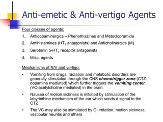 Four classes of agents:
1. Antidopaminergics – Phenothiazines and Metoclopramide
2. Antihistamines (HT1 antagonists) and Anticholinergics (M)
3. Serotonin 5-HT3 receptor antagonists
4. Misc. agents
Mechanisms of N/V and vertigo:
• Vomiting from drugs, radiation and metabolic disorders are
generally stimulated through the CNS chemotrigger zone (CTZ-
dopamine mediated) which further triggers the vomiting center
(VC-acetylcholine mediated) in the brain.
• Nausea of motion sickness is initiated by stimulation of the
labyrinthine mechanism of the ear which sends a signal to the
CTZ
• The VC may also be stimulated by GI irritation, motion sickness,
vestibular neuritis and others
Anti-emetic & Anti-vertigo Agents
 