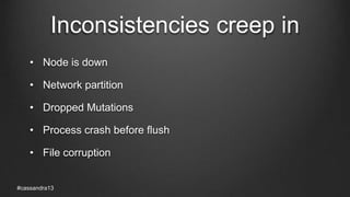 Inconsistencies creep in
• Node is down
• Network partition
• Dropped Mutations
• Process crash before flush
• File corruption
#cassandra13
 