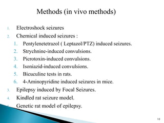 Methods (in vivo methods)
1. Electroshock seizures
2. Chemical induced seizures :
1. Pentylenetetrazol ( Leptazol/PTZ) induced seizures.
2. Strychnine-induced convulsions.
3. Picrotoxin-induced convulsions.
4. Isoniazid-induced convulsions.
5. Bicuculine tests in rats.
6. 4-Aminopyridine induced seizures in mice.
3. Epilepsy induced by Focal Seizures.
4. Kindled rat seizure model.
5. Genetic rat model of epilepsy.
10
 