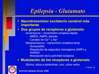 Epilepsia - Glutamato
 Neurotransmisor excitatorio cerebral más
  importante
 Dos grupos de receptores a glutamato
   • Ionotrópicos – transmisión sináptica rápida
       – NMDA, AMPA, kainato
       – Canales de Ca++ y Na+
   • Metabotrópicos – transmisión sináptica lenta
       – Quisqualato
       – Regulación de segundos mensajeros (AMPc e
         Inositol)
       – Modulación de la actividad sináptica
 Modulación de los receptores a glutamato
   • Glicina, sitios a poliaminas, zinc, sitios redox
                                                        P-Slide 18
American Epilepsy Society 2008
 