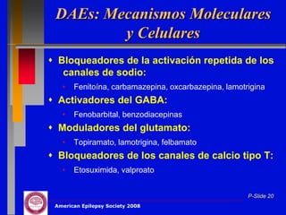 DAEs: Mecanismos Moleculares
         y Celulares
 Bloqueadores de la activación repetida de los
   canales de sodio:
   •   Fenitoína, carbamazepina, oxcarbazepina, lamotrigina
 Activadores del GABA:
   •   Fenobarbital, benzodiacepinas
 Moduladores del glutamato:
   •   Topiramato, lamotrigina, felbamato
 Bloqueadores de los canales de calcio tipo T:
   •   Etosuximida, valproato


                                                      P-Slide 20
 American Epilepsy Society 2008
 