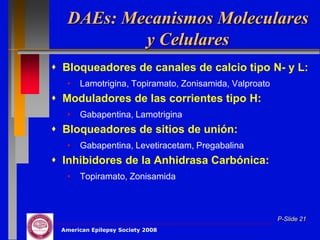 DAEs: Mecanismos Moleculares
           y Celulares
 Bloqueadores de canales de calcio tipo N- y L:
  •   Lamotrigina, Topiramato, Zonisamida, Valproato
 Moduladores de las corrientes tipo H:
  •   Gabapentina, Lamotrigina
 Bloqueadores de sitios de unión:
  •   Gabapentina, Levetiracetam, Pregabalina
 Inhibidores de la Anhidrasa Carbónica:
  •   Topiramato, Zonisamida



                                                       P-Slide 21
 American Epilepsy Society 2008
 