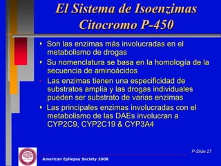 El Sistema de Isoenzimas
         Citocromo P-450
 Son las enzimas más involucradas en el
  metabolismo de drogas
 Su nomenclatura se basa en la homología de la
  secuencia de aminoácidos
 Las enzimas tienen una especificidad de
  substratos amplia y las drogas individuales
  pueden ser substrato de varias enzimas
 Las principales enzimas involucradas con el
  metabolismo de las DAEs involucran a
  CYP2C9, CYP2C19 & CYP3A4


                                          P-Slide 27
American Epilepsy Society 2008
 