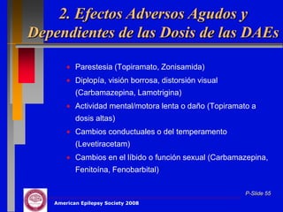 2. Efectos Adversos Agudos y
Dependientes de las Dosis de las DAEs

          Parestesia (Topiramato, Zonisamida)
          Diplopía, visión borrosa, distorsión visual
          (Carbamazepina, Lamotrigina)
          Actividad mental/motora lenta o daño (Topiramato a
          dosis altas)
          Cambios conductuales o del temperamento
          (Levetiracetam)
          Cambios en el líbido o función sexual (Carbamazepina,
          Fenitoína, Fenobarbital)

                                                         P-Slide 55
   American Epilepsy Society 2008
 