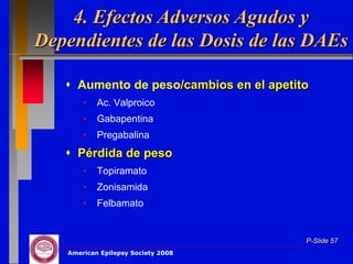 4. Efectos Adversos Agudos y
Dependientes de las Dosis de las DAEs

    Aumento de peso/cambios en el apetito
       •   Ac. Valproico
       •   Gabapentina
       •   Pregabalina
    Pérdida de peso
       •   Topiramato
       •   Zonisamida
       •   Felbamato


                                         P-Slide 57
   American Epilepsy Society 2008
 