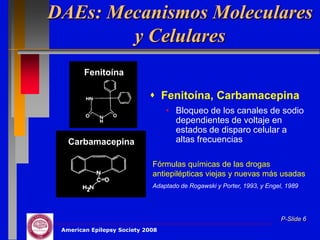 DAEs: Mecanismos Moleculares
        y Celulares
        Fenitoína

                             Fenitoína, Carbamacepina
                                  • Bloqueo de los canales de sodio
                                    dependientes de voltaje en
                                    estados de disparo celular a
   Carbamacepina                    altas frecuencias

                             Fórmulas químicas de las drogas
                             antiepilépticas viejas y nuevas más usadas
                             Adaptado de Rogawski y Porter, 1993, y Engel, 1989




                                                                         P-Slide 6
 American Epilepsy Society 2008
 