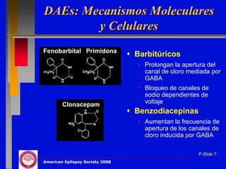 DAEs: Mecanismos Moleculares
        y Celulares
Fenobarbital Primidona
                                  Barbitúricos
                                   • Prolongan la apertura del
                                     canal de cloro mediada por
                                     GABA
                                   • Bloqueo de canales de
                                     sodio dependientes de
        Clonacepam                   voltaje
                                  Benzodiacepinas
                                   • Aumentan la frecuencia de
                                     apertura de los canales de
                                     cloro inducida por GABA

                                                       P-Slide 7
American Epilepsy Society 2008
 