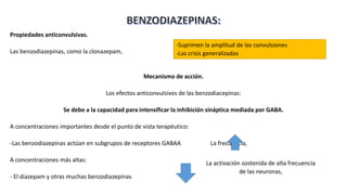 Propiedades anticonvulsivas.
Las benzodiazepinas, como la clonazepam,
Mecanismo de acción.
Los efectos anticonvulsivos de las benzodiacepinas:
Se debe a la capacidad para intensificar la inhibición sináptica mediada por GABA.
A concentraciones importantes desde el punto de vista terapéutico:
-Las benzodiazepinas actúan en subgrupos de receptores GABAA La frecuencia,
A concentraciones más altas:
- El diazepam y otras muchas benzodiazepinas
-Suprimen la amplitud de las convulsiones
-Las crisis generalizadas
La activación sostenida de alta frecuencia
de las neuronas,
 