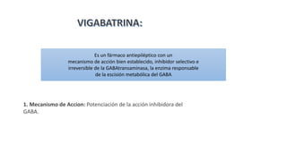 1. Mecanismo de Accion: Potenciación de la acción inhibidora del
GABA.
Es un fármaco antiepiléptico con un
mecanismo de acción bien establecido, inhibidor selectivo e
irreversible de la GABAtransaminasa, la enzima responsable
de la escisión metabólica del GABA
 