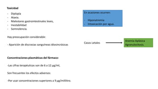 - Diplopía
- Ataxia.
- Malestares gastrointestinales leves,
- Inestabilidad
- Somnolencia.
Anemia Aplásica
Agranulocitosis.
En ocasiones ocurren:
- Hiponatremia
- Intoxicación por agua.
Casos Letales
Toxicidad
Concentraciones plasmáticas del fármaco:
-Las cifras terapéuticas son de 6 a 12 μg/ml,
Son frecuentes los efectos adversos:
-Por usar concentraciones superiores a 9 μg/mililitro.
Hay preocupación considerable:
- Aparición de discrasias sanguíneas idiosincrásicas
 