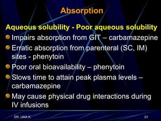 Absorption Aqueous solubility - Poor aqueous solubility Impairs absorption from GIT – carbamazepine Erratic absorption from parenteral (SC, IM) sites - phenytoin Poor oral bioavailability – phenytoin Slows time to attain peak plasma levels – carbamazepine May cause physical drug interactions during IV infusions 