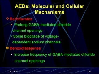 AEDs: Molecular and Cellular Mechanisms Barbiturates   •   Prolong GABA-mediated chloride  channel openings  •  Some blockade of voltage- dependent sodium channels Benzodiazepines  •  Increase frequency of GABA-mediated chloride channel openings  