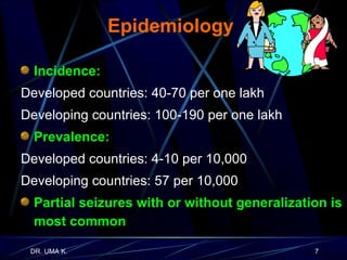 Epidemiology Incidence:   Developed countries: 40-70 per one lakh Developing countries: 100-190 per one lakh Prevalence: Developed countries: 4-10 per 10,000 Developing countries: 57 per 10,000 Partial seizures with or without generalization is most common 