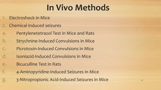In Vivo Methods
1. Electroshock in Mice
2. Chemical Induced seizures
a. Pentylenetetrazol Test in Mice and Rats
b. Strychnine-Induced Convulsions in Mice
c. Picrotoxin-Induced Convulsions in Mice
d. Isoniazid-Induced Convulsions in Mice
e. Bicuculline Test in Rats
f. 4-Aminopyridine-Induced Seizures in Mice
g. 3-Nitropropionic Acid-Induced Seizures in Mice 14
 