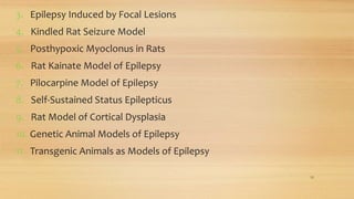 3. Epilepsy Induced by Focal Lesions
4. Kindled Rat Seizure Model
5. Posthypoxic Myoclonus in Rats
6. Rat Kainate Model of Epilepsy
7. Pilocarpine Model of Epilepsy
8. Self-Sustained Status Epilepticus
9. Rat Model of Cortical Dysplasia
10. Genetic Animal Models of Epilepsy
11. Transgenic Animals as Models of Epilepsy
15
 