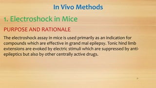 In Vivo Methods
1. Electroshock in Mice
PURPOSE AND RATIONALE
The electroshock assay in mice is used primarily as an indication for
compounds which are effective in grand mal epilepsy. Tonic hind limb
extensions are evoked by electric stimuli which are suppressed by anti-
epileptics but also by other centrally active drugs.
23
 