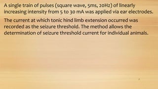 A single train of pulses (square wave, 5ms, 20Hz) of linearly
increasing intensity from 5 to 30 mA was applied via ear electrodes.
The current at which tonic hind limb extension occurred was
recorded as the seizure threshold. The method allows the
determination of seizure threshold current for individual animals.
27
 