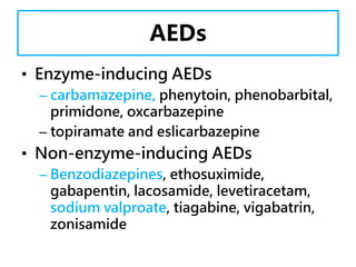 AEDs
• Enzyme-inducing AEDs
– carbamazepine, phenytoin, phenobarbital,
primidone, oxcarbazepine
– topiramate and eslicarbazepine
• Non-enzyme-inducing AEDs
– Benzodiazepines, ethosuximide,
gabapentin, lacosamide, levetiracetam,
sodium valproate, tiagabine, vigabatrin,
zonisamide
 