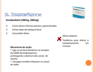 Fenobarbital (100mg, 200mg)  Crises tónico-clónicas parciais e generalizadas Certos tipos de epilepsia focal Convulsões febris Efeito sedativo Tendência para alterar o comportamento em crianças. Mecanismo de acção: Liga-se ao local alostérico no receptor da GABA-benzodiazepínico, prolongando a abertura dos canais  de cloreto. Consegue também bloquear os canais de sódio.  