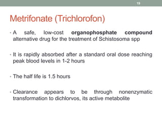Metrifonate (Trichlorofon)
• A safe, low-cost organophosphate compound
alternative drug for the treatment of Schistosoma spp
• It is rapidly absorbed after a standard oral dose reaching
peak blood levels in 1-2 hours
• The half life is 1.5 hours
• Clearance appears to be through nonenzymatic
transformation to dichlorvos, its active metabolite
19
 