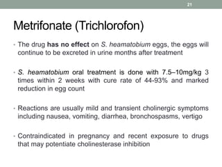 Metrifonate (Trichlorofon)
• The drug has no effect on S. heamatobium eggs, the eggs will
continue to be excreted in urine months after treatment
• S. heamatobium oral treatment is done with 7.5–10mg/kg 3
times within 2 weeks with cure rate of 44-93% and marked
reduction in egg count
• Reactions are usually mild and transient cholinergic symptoms
including nausea, vomiting, diarrhea, bronchospasms, vertigo
• Contraindicated in pregnancy and recent exposure to drugs
that may potentiate cholinesterase inhibition
21
 