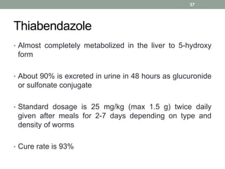 Thiabendazole
• Almost completely metabolized in the liver to 5-hydroxy
form
• About 90% is excreted in urine in 48 hours as glucuronide
or sulfonate conjugate
• Standard dosage is 25 mg/kg (max 1.5 g) twice daily
given after meals for 2-7 days depending on type and
density of worms
• Cure rate is 93%
37
 